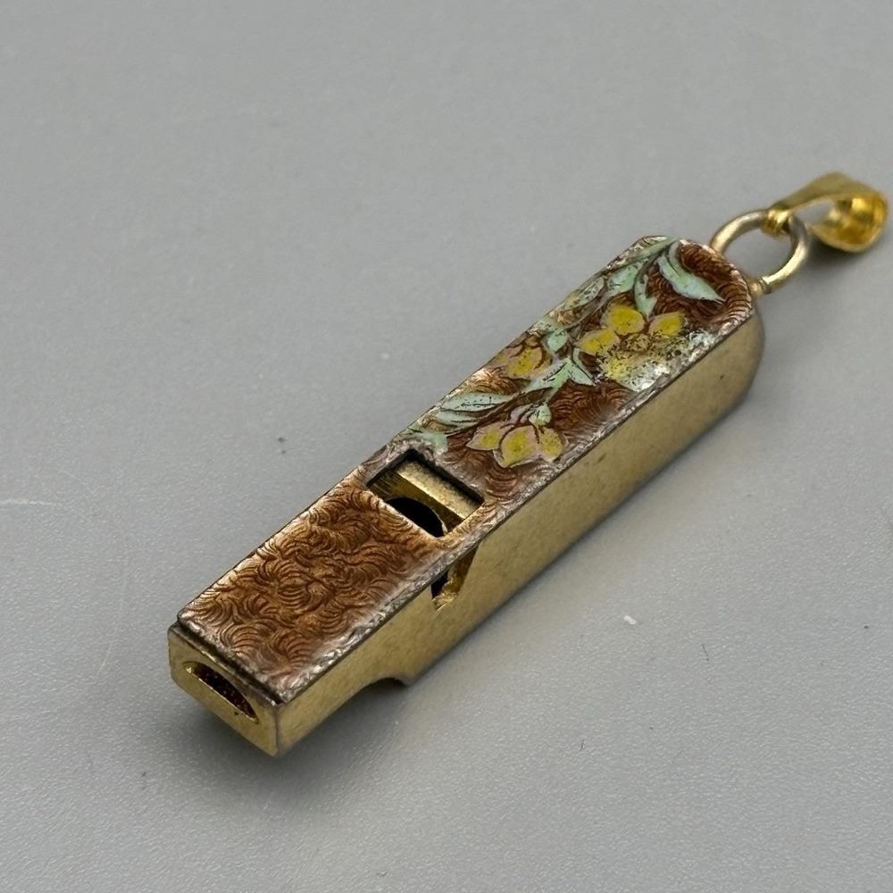 Vintage Whistle Pendant Gold Tone Enamel Floral Boho Festival RARE - Picture 3 of 10